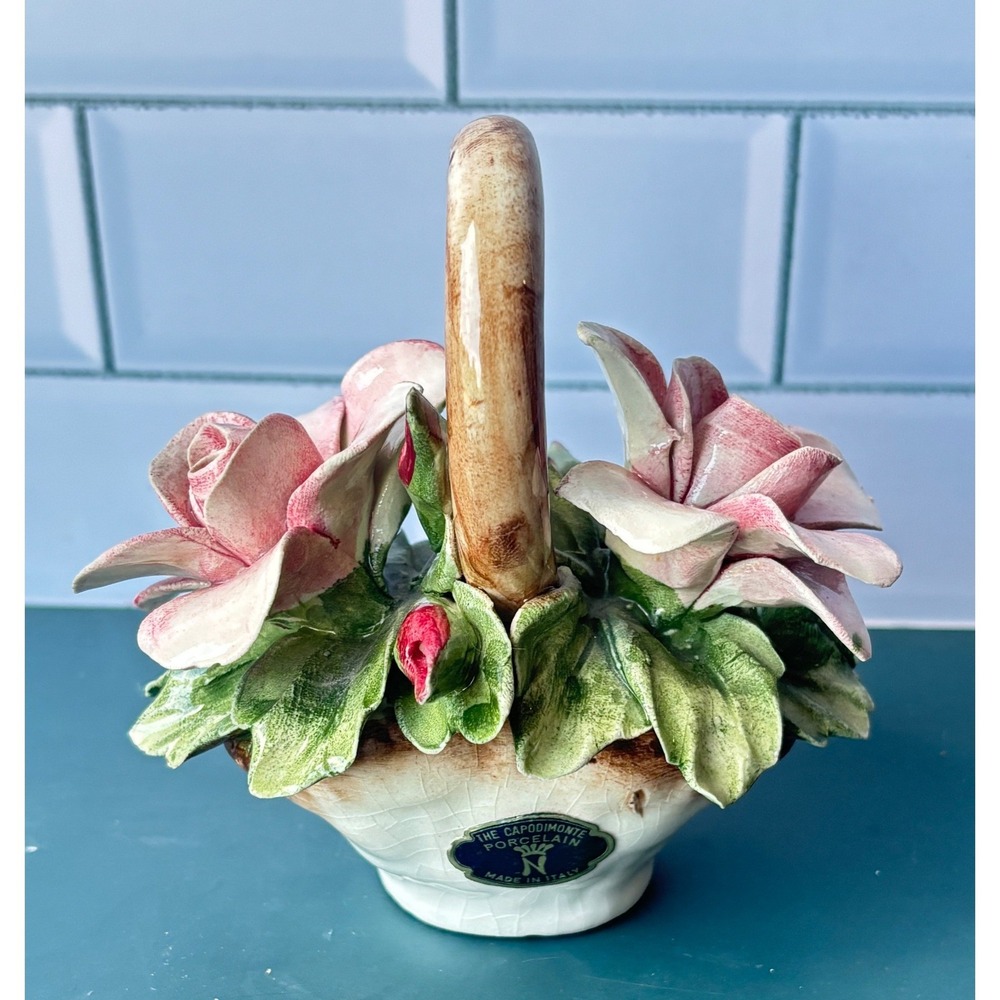 Vintage Capodimonte Italy Porcelain Pink Rose Flower Basket Figurine Ornament